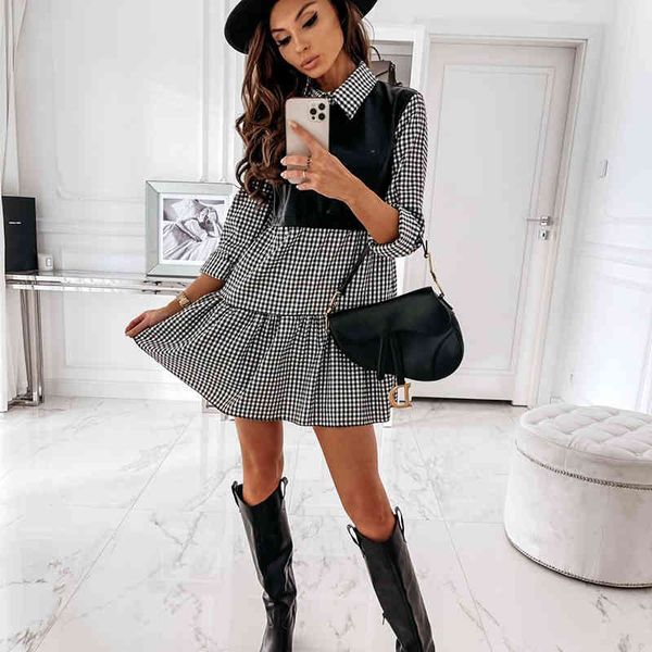 

chic fake two piece stitching women dress elegant shirt collar ruffle party dress ladies robe spring high street vestidos dress 210413, Black;gray