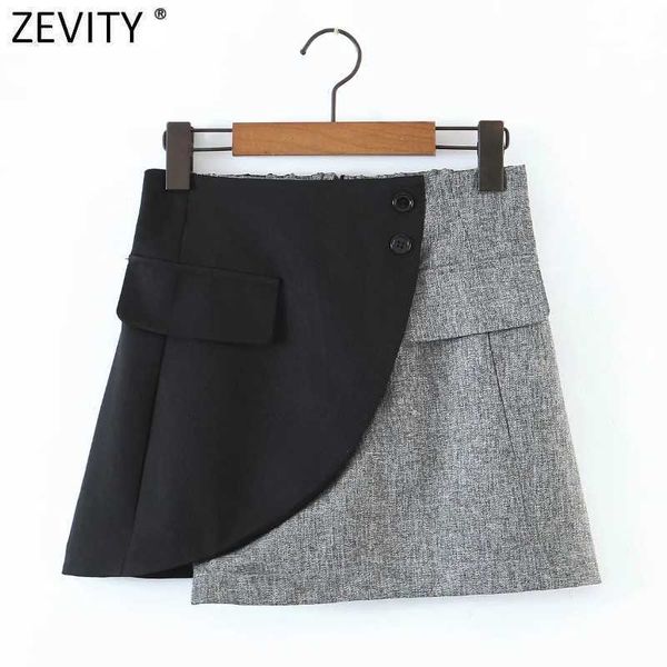 

zevity women chic fashion color patchwork asymmetric mini skirt femme vintage pockets elastic waist skirts mujer qun730 210603, Black