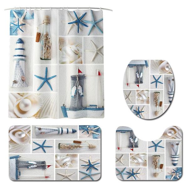 

4pcs pedestal rug toilet cover machine washable sea shell polyester bath mat printed non-slip modern shower curtain set home curtains