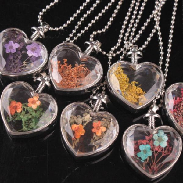 

pendant necklaces women creative handmade dry flower necklace jewelry fashion heart shapetransparent glass bottle perfume, Silver