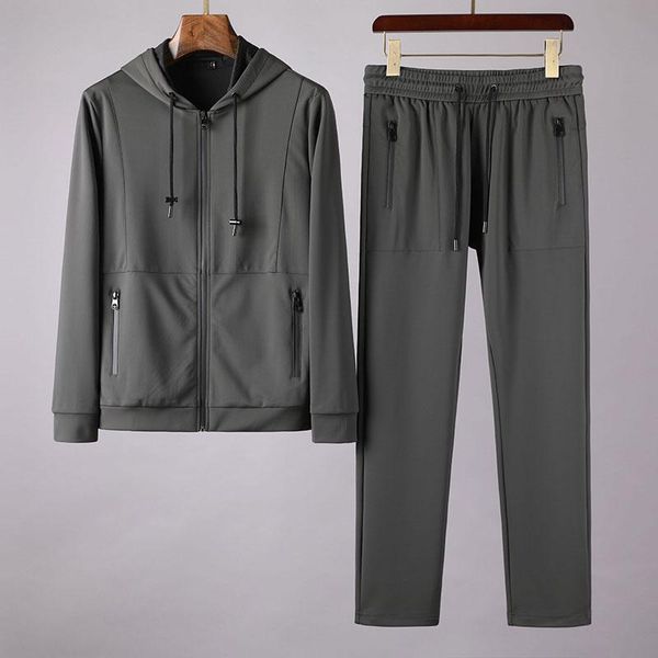

men's tracksuits 2021 spring and autumn stitching two piece elastic fabric fashion hooded leisure sports suit, Gray