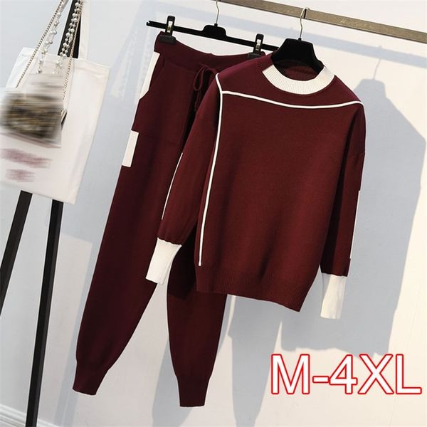 

plus size woman sweater suits knit casual tracksuits crewneck pullovers+drawstrings elastic pants two piece sets female outfits 210429, White