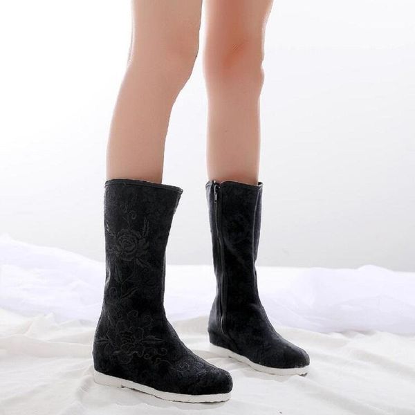 

boots winter china style height increasing embroider plush inside zipper canvas women half mid-calf equestrian 0623, Black