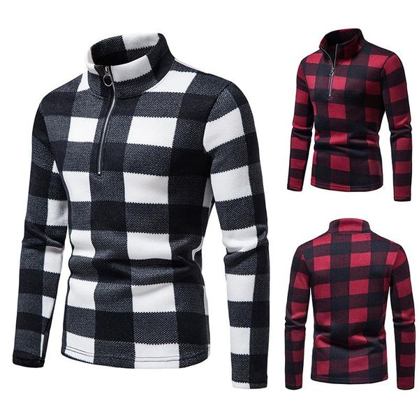 

men's sweaters winter knitted sweater jacket long sleeve cardigan lattice check with casual stand-up collar celebrity, White;black