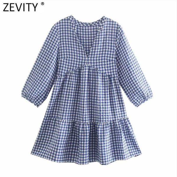 Zevity Frauen Vintage Plaid Print Falten Casual Mini Kleid Büro Dame Chic V-ausschnitt Drei Viertel Hülse Kimono Vestido DS8202 210603