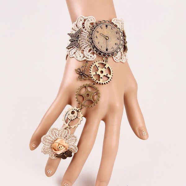 

five fingers gloves retro gear floral bracelet bangle ring wrist finger connected for steam punk death rock nu goth stage, Blue;gray