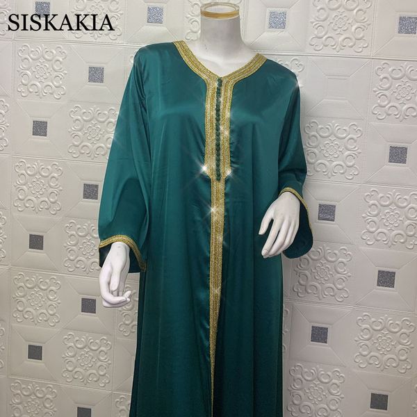 

2021siskakia dubai arabic dress for women autumn 2021 soft satin ribbon v neck long sleeve loose plus size muslim turkey robes new, Black;gray