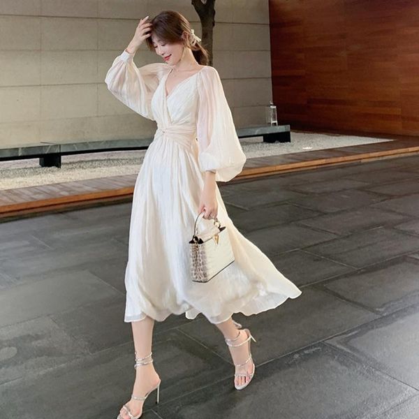 

casual dresses superaen autumn puff sleeve v-neck a line silk pleated white for women ankle-length, Black;gray