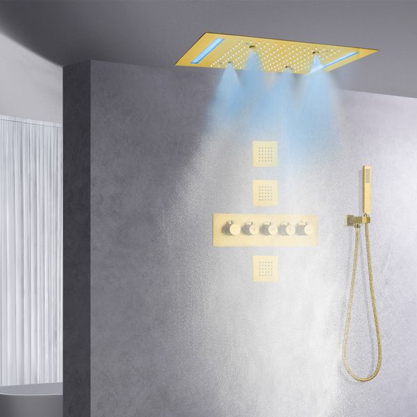 

brushed rainfall led shower system set 14 x 20 inch ceiling mounted rectangle large bathroom luxury atomizing rain brass thermostatic faucet