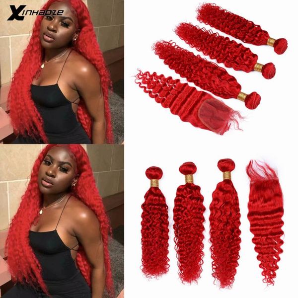 

human hair bulks malaysian bundles with 4*4'' closure deep wave red 13*4'' lace frontal colored 4pcs/lot, Black
