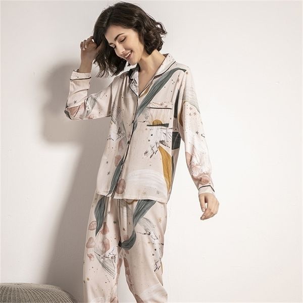 

starry sky and floral printed women pajamas set comfort cotton satin full sleeve homewear ladies tender casual wear for spring 211116, Black;red
