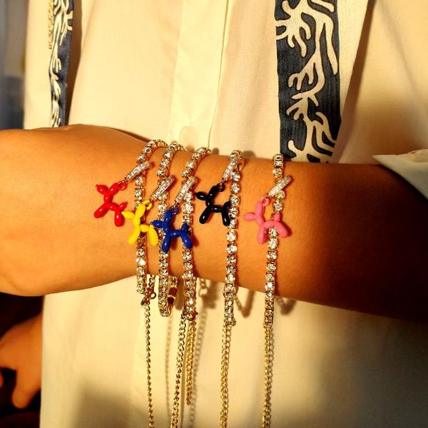

link, chain unique diy cartoon puppy bracelet for women colorful balloon dog zircon charm shiny crystal hand couple jewelry gift, Black