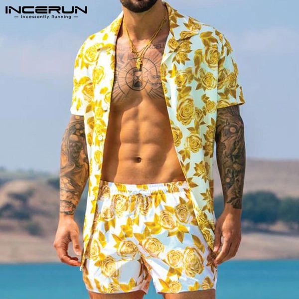 

men's tracksuits men hawaiian sets printing 2021 summer short sleeve button shirt beach shorts streetwear casual mens suit 2 pieces s-5, Gray