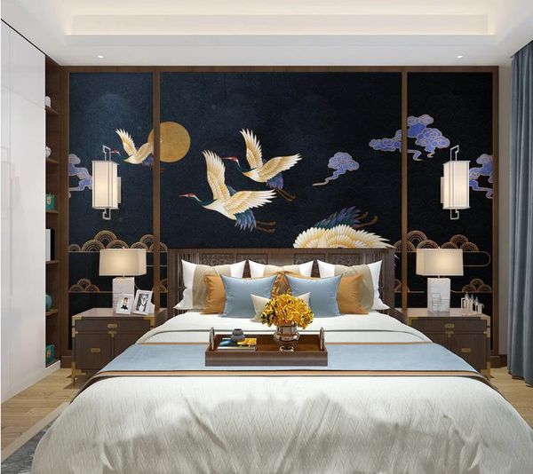 

wallpaper light luxury chinese golden lines cranes and clouds po murals living room bedroom wallpapers home decor