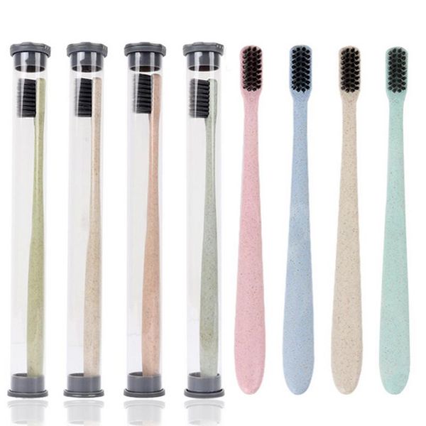 

toothbrush 2pcs creative soft portable wheat straw tooth cleaning charcoal bristle brush with travel storage case color random