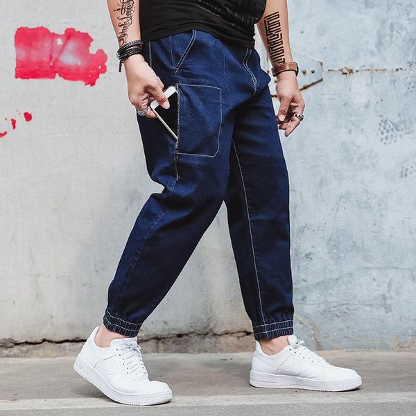 

harem jeans men washed feet shinny denim hip hop sportswear elastic waist men's pants, Black