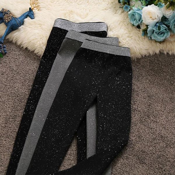 

autumn winter high waist bright women capris silk pencil solid color slim knitted trousers bottom leggings 236, Black;white