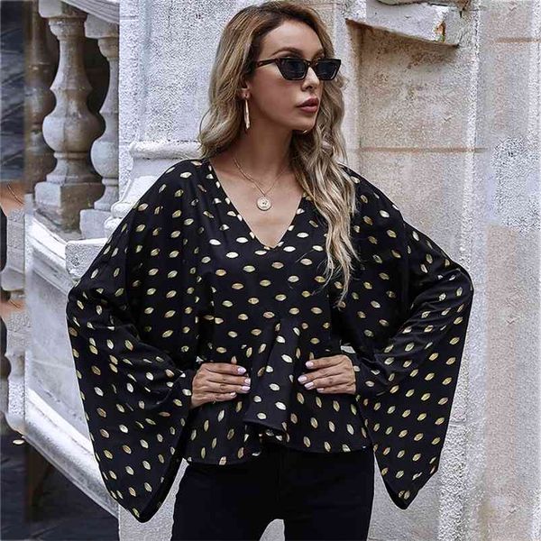 

gold polka dot pelpum black vintage blouse women flare sleeve office ladies v neck casual 210427, White