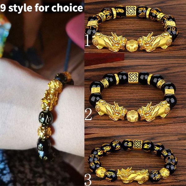 

beaded, strands obsidian bead bracelet wristband gold black pixiu fortune good luck men and women lovers