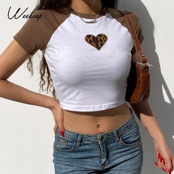 

women's t-shirt weekeep leopard patchwork women casual cropped summer short sleeve 2021 t shirt fashion streetwear bodycon crop tee, White