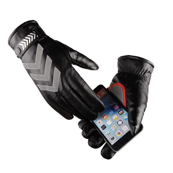 

sports gloves outdoor winter warm duty reflective plus velvet thick leather winderproof riding hiking for men and women, Black