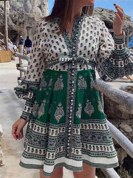 

green printed shirt women dresses fall single breasted lantern sleeves sashes autumn female holiday vacation dress robe, Black;gray