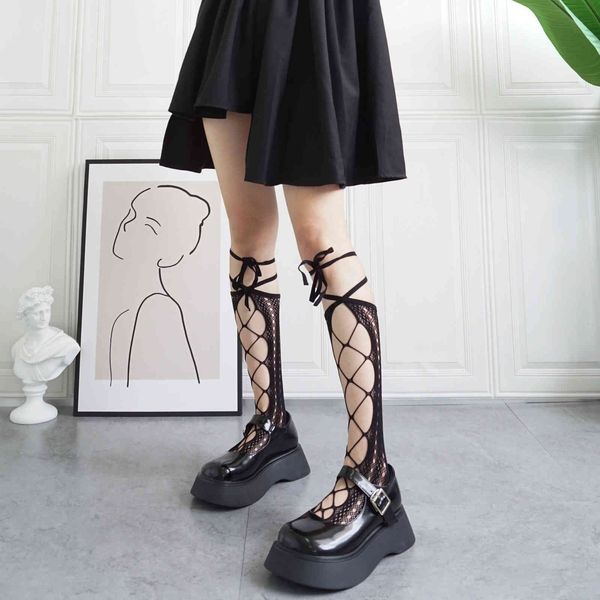 

lolita cut out cross strapping lace fishing net jk leg middle tube socks children' summer thin, Red;black