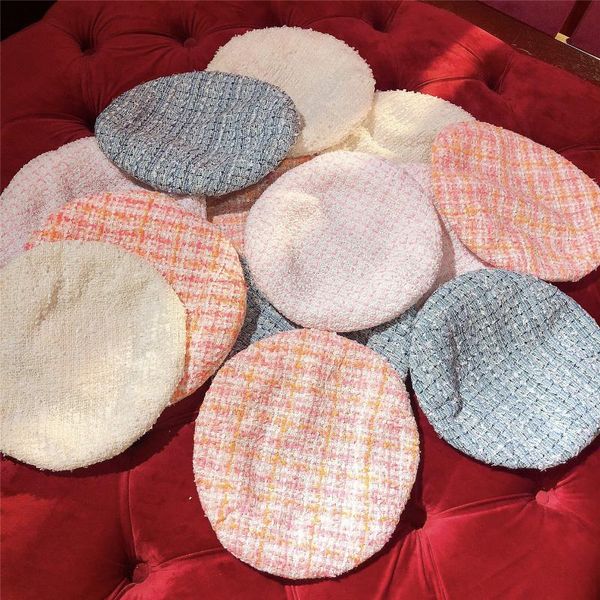 

color sale 2021 fashion women's elegant plaid tweed beret female hat spring autumn all match hats pink blue white y276 berets, Blue;gray