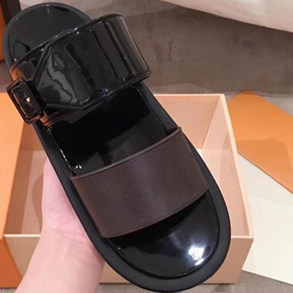 

slippers with box women print patent leather bom dia mule on-trend slide sandal lady canvas letter anatomic outsole designe, Black