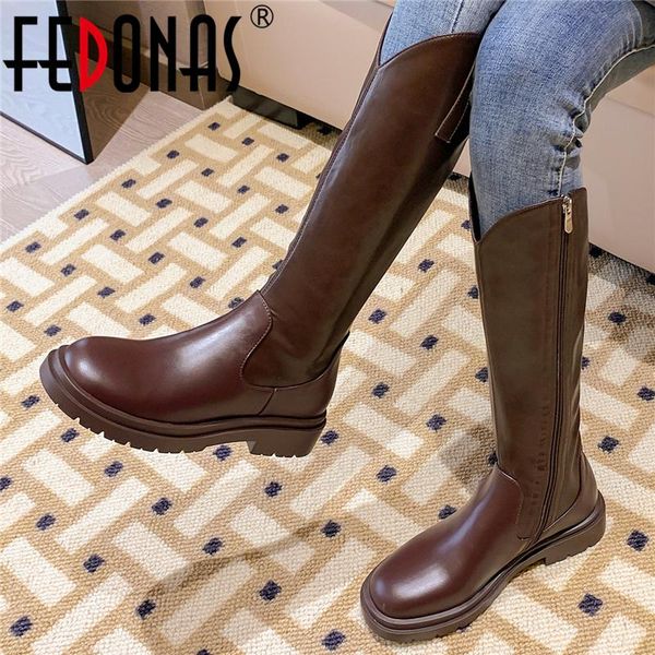 

boots fedonas classic retro women knee-high fashion concise genuine leather low heels shoes woman casual autumn winter est, Black