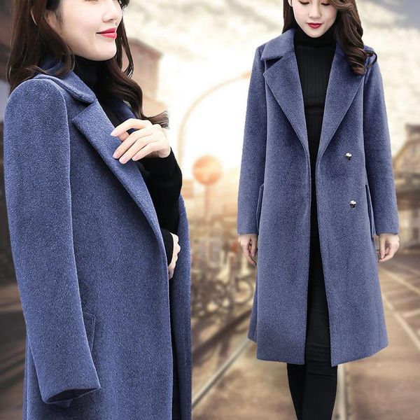 

women's wool & blends 6xl autumn winter plus size medium long fashionable woolen coat thick warm suit collar female blue black windbrea