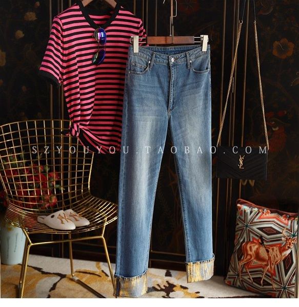 

women's jeans this design - gilding big flanging fashionable european and american style children of curled elastic cropped, Blue