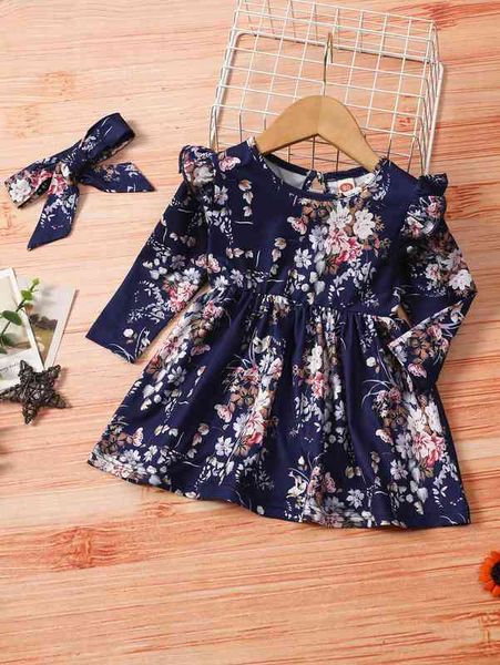 

baby floral print keyhole back ruffle trim dress & headband she, Red;yellow