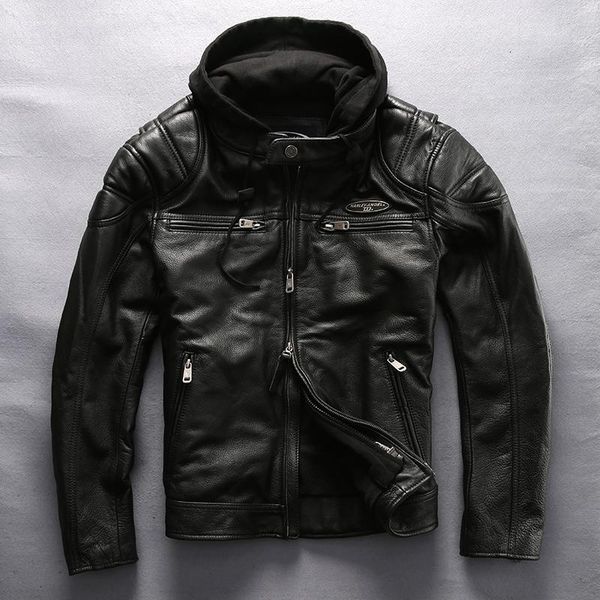 

men's leather & faux large size jackets genuine motor rider jacket casual vintage cowhide hat detachable coat, Black