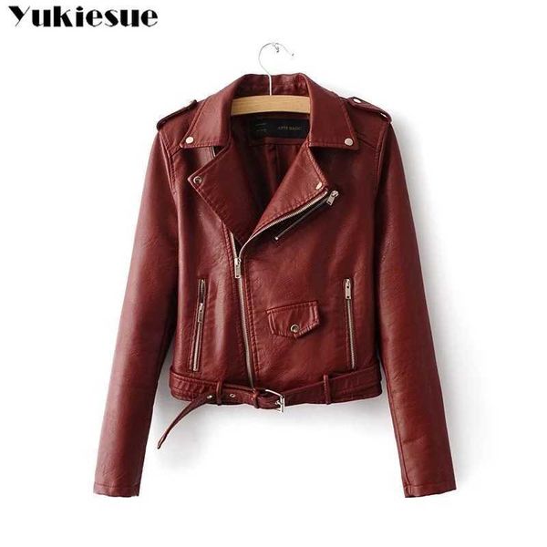 

pu leather jacket women fashion bright colors black motorcycle coat short faux biker soft female 210608