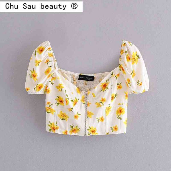

summer fashion slim holiday v-neck floral puff sleeve zipper cute short crop woman blouses camisas mujer 210508, White