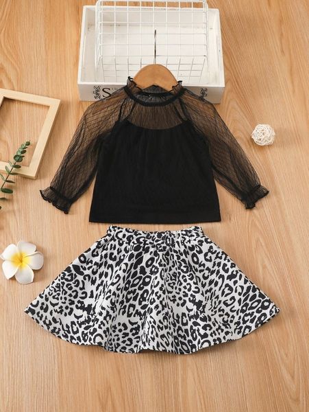 

baby geo mesh frill neck flounce sleeve & leopard skirt she, White