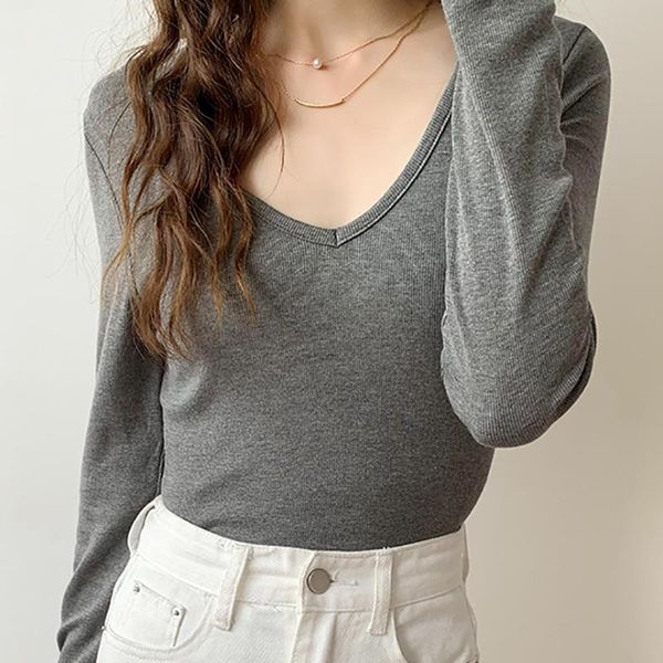 

women's t-shirt women t shirt autumn long sleeve slim v neck t-shirts korean clothes basic skinny cotton tee femme 2021 poleras mujer, White