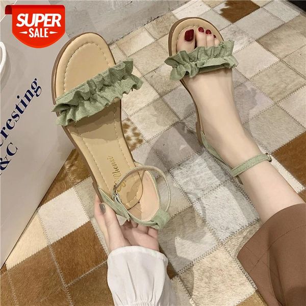

2021 casual style summer nubuck sandals cool ruffles belt buckle apricot green pink black flat with women's shoes #ca4x