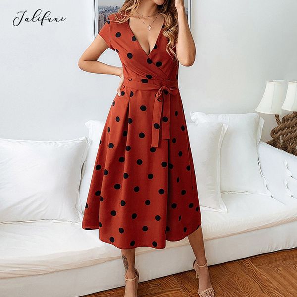 

casual polka dot print female summer dress v-neck short sleeve sashes high waist a-line ankle-length women fashion dresses 210415, Black;gray
