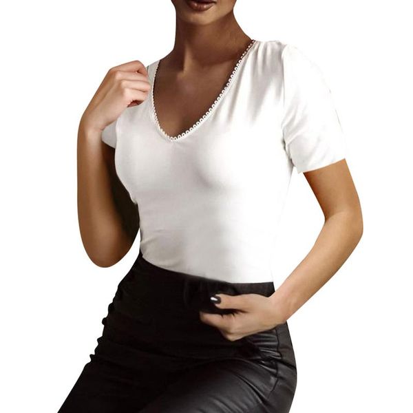 

women's t-shirt summer v-neck office lady women lace patchwork tshirts fashion short sleeve hollow out slim t shirt #t2p, White