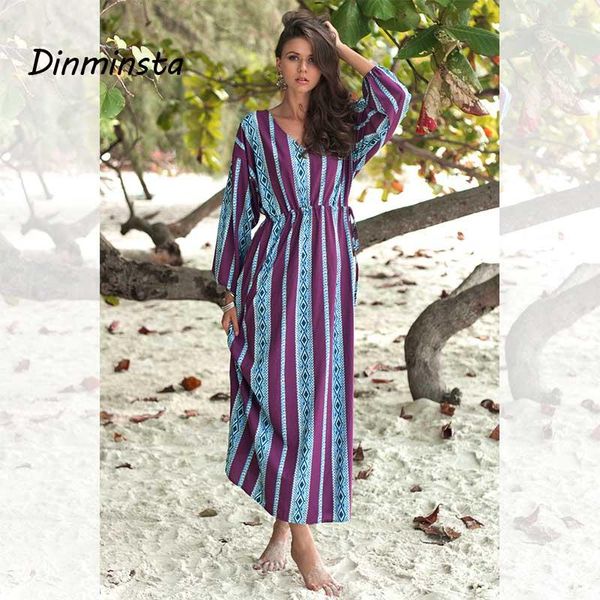 

casual dresses dinminsta women spring beach female elegant holiday robe bohemian dress full sleeves v-neck long maxi frocks, Black;gray