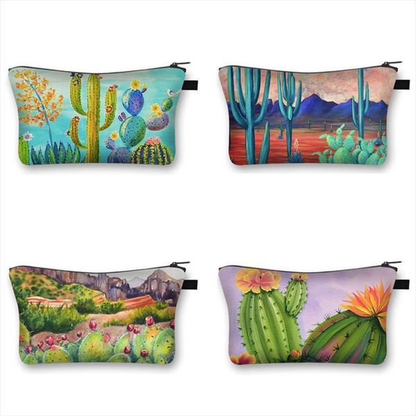 

funny cactus cosmetic women bags storage for travel ladies canvas toilet fashion case organizers