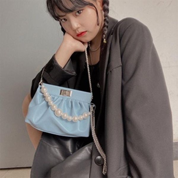 

totes beaded portable tote women handbag small shoulder bag ruched design handbags pu leather solid color chain crossbody bags