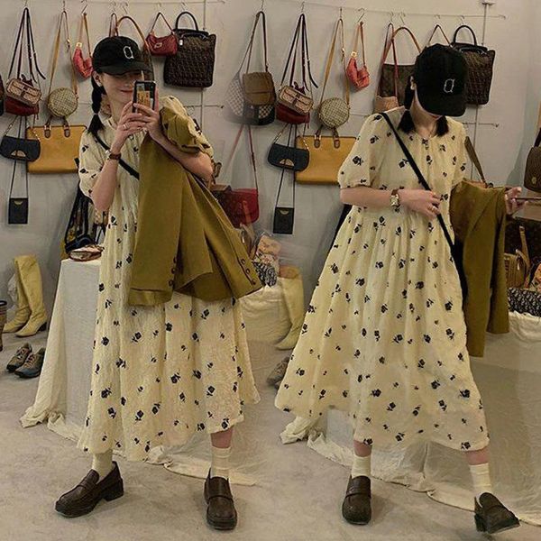 

maternity summer dress round neck floral lightweight loose clothing pleated textured largesize retro dresses, White
