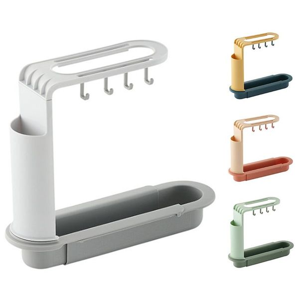 

Retractable Sink Drain Rack Multifunctional Four-Hook Storage With Rag Holder Chopstick Cage Kitchen Accessories Hooks & Rails