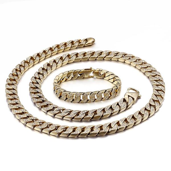 

earrings & necklace hip hop cz stone paved gold stainless steel flat cuban link chain bracelet sets for men rapper jewelry, Silver
