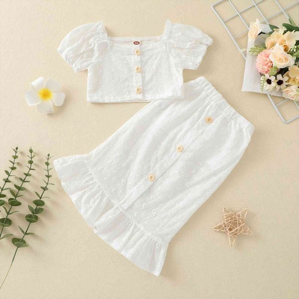 

2pcs summer kids girls holiday clothes sets lace flowers printed puff sleeve t shirts ankle length skirts 1 6y, White