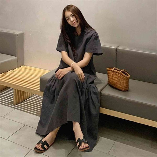 

solid color loose summer women dress casual korean o neck short sleeve female, Black;gray