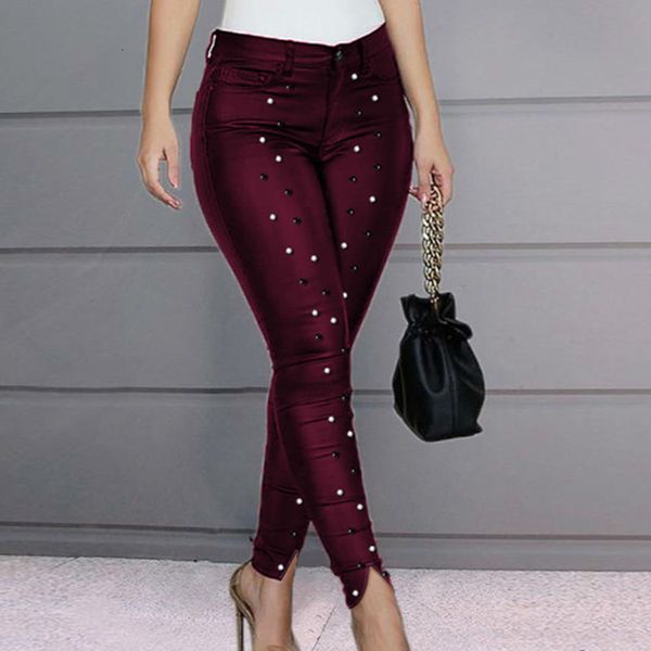 

women's & capris high waist beaded slit women skinny casual pencil pants, Black;white